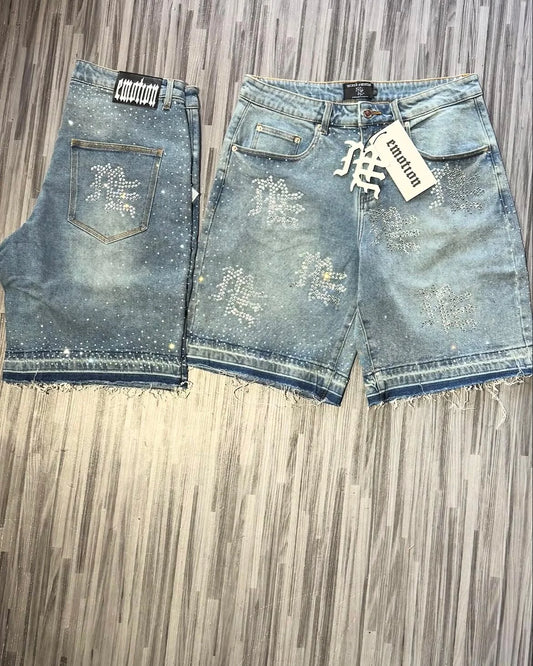 Retro Studded Lettering Denim Shorts Y2K Jeans for Mens and Womens Hip Hop Vintage Washed Blue Baggy Shorts Over The Knee Pants