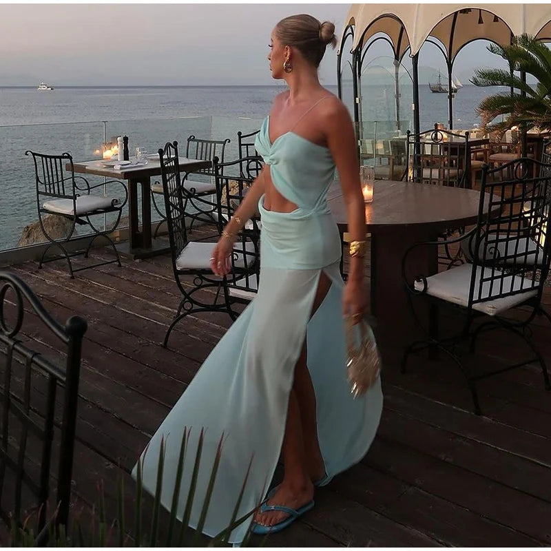 Sexy Backless lace Up Long Dress Women Elegant Sleeveless Side Split Off Shoulder Dresses Female 2025 Summer Beach Party Robes