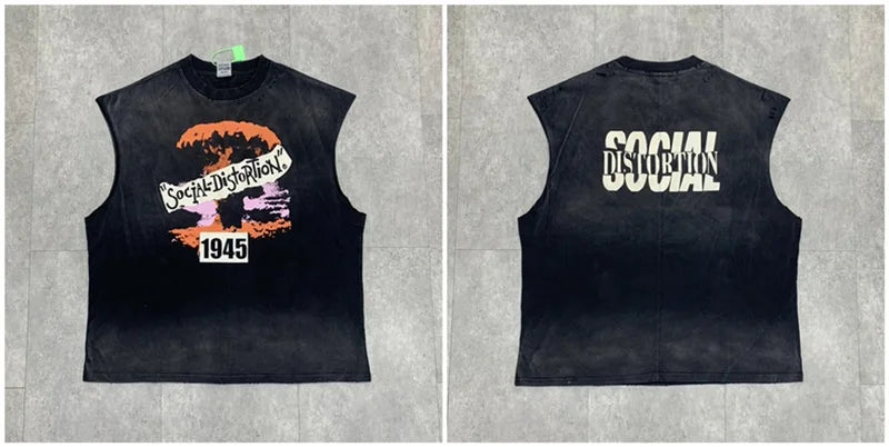 Vintage Washed Saint Sleeveless Tank T-shirts Oversize Men Woman Good Quality Black White Grey Hole Old Summer Streetwear