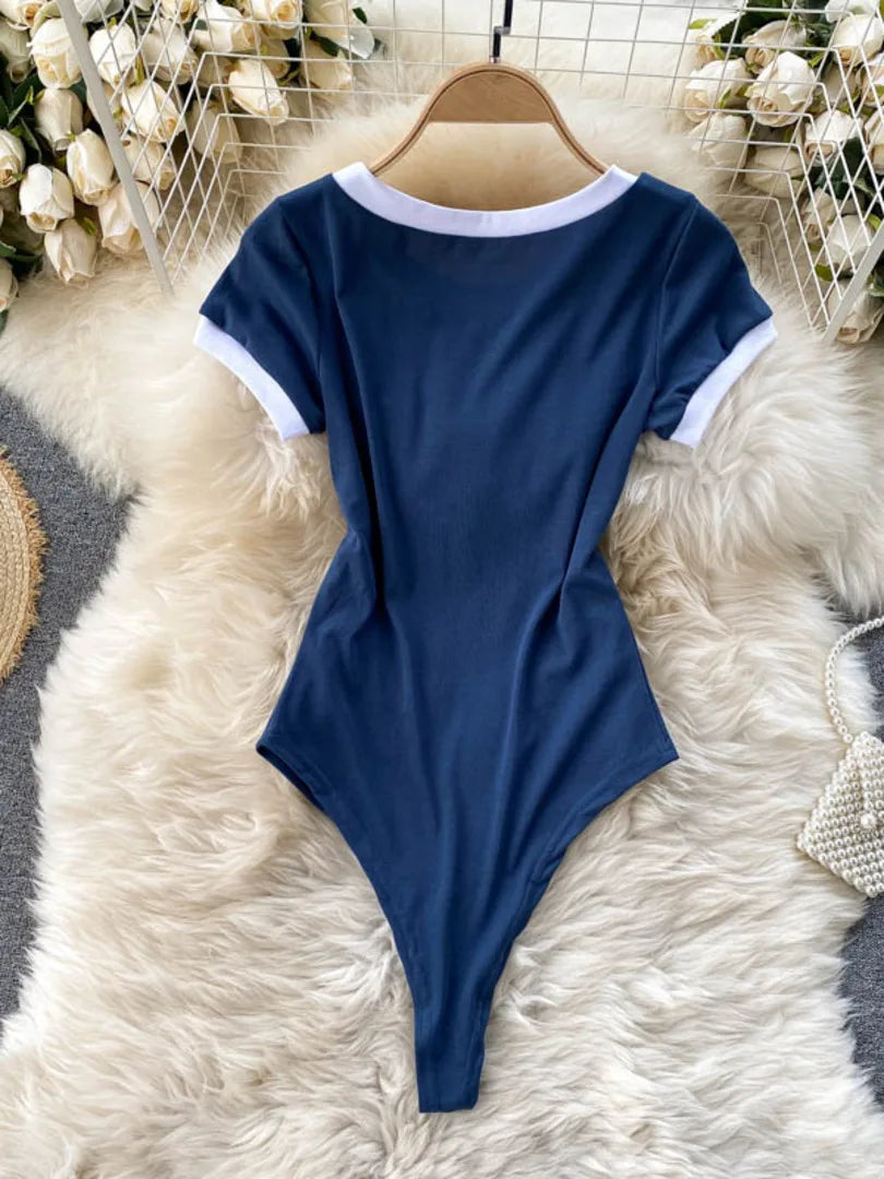 Foamlina Short Sleeve Knitted Skinny Bodysuit Women Summer Fashion Color Block Letters Embroidery O-neck Slim Body Top Jumpsuit
