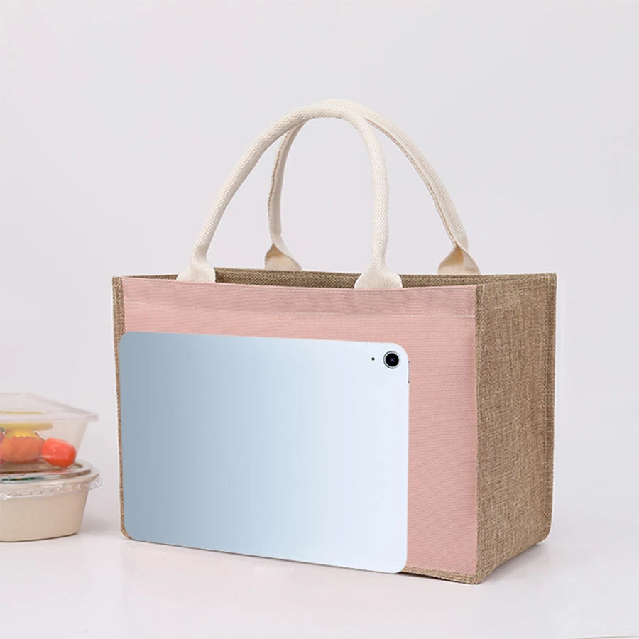 Simple solid color large capacity women's handbag reusable imitation linen zipper handbag commuting bag shopping bag