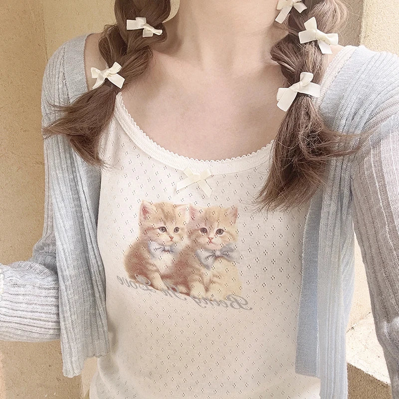 Cute Tops Women Summer Cotton Camis Pink Bow Print Knitted Crop Top for Sweet Girl Lolita Style Kawaii Clothes