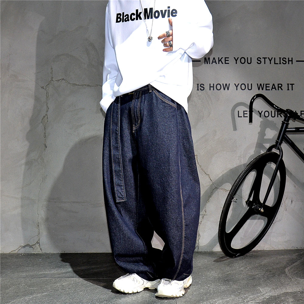 Mens American High Street Baggy Jeans Navy Blue Premium Denim Wide Leg Straight Loose Fit Korean Streetwear Trendy Pants Male