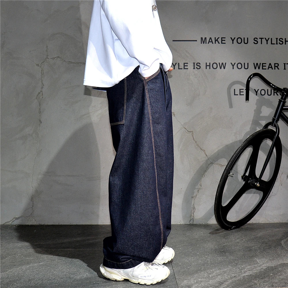 Mens American High Street Baggy Jeans Navy Blue Premium Denim Wide Leg Straight Loose Fit Korean Streetwear Trendy Pants Male