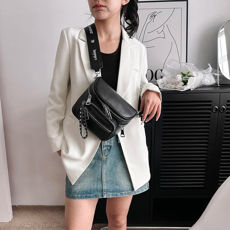 High Quality 100%Natural Cowskin Female Shoulder Crossbody Tote Genuine Leather Saddle Bags For Women Casual Wide Strap Handbags