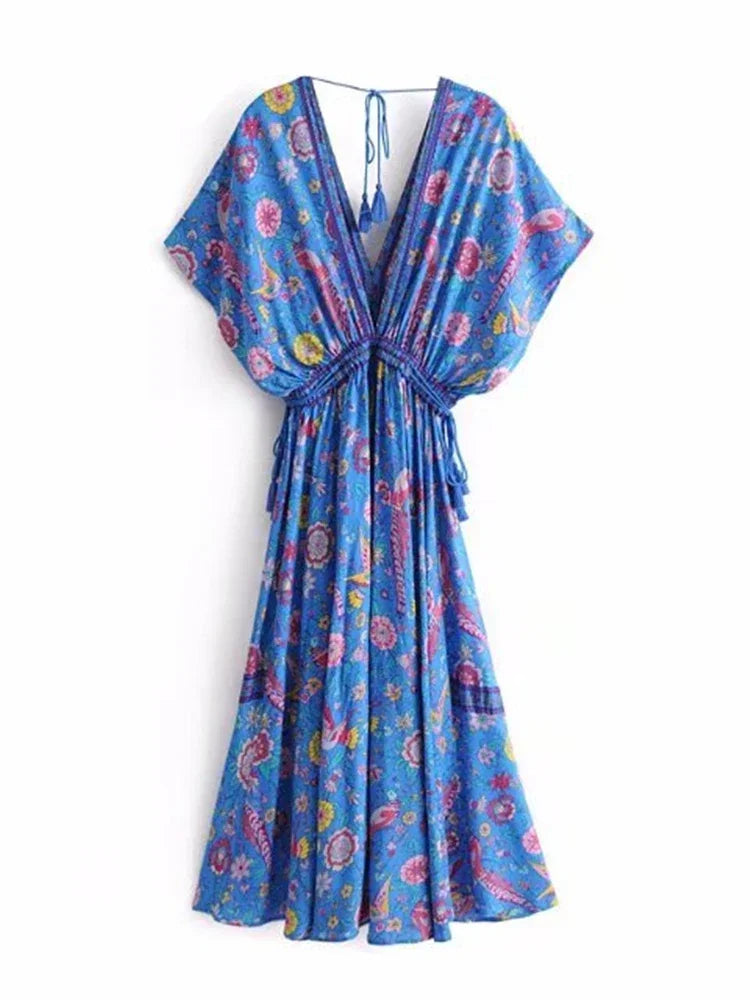 Robe Maxi Vintage Chic pour Femme, Imprimé Floral Paon, Manches Chauve-Souris, Bohème, Col en V, Pompon, Plage, Été