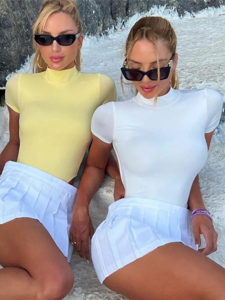Women's Sexy Short Sleeve Backless Bodycon Tops Summer Solid Bodysuit Women Streetwear Fashion Party Club Y2K Romper Jumpsuit