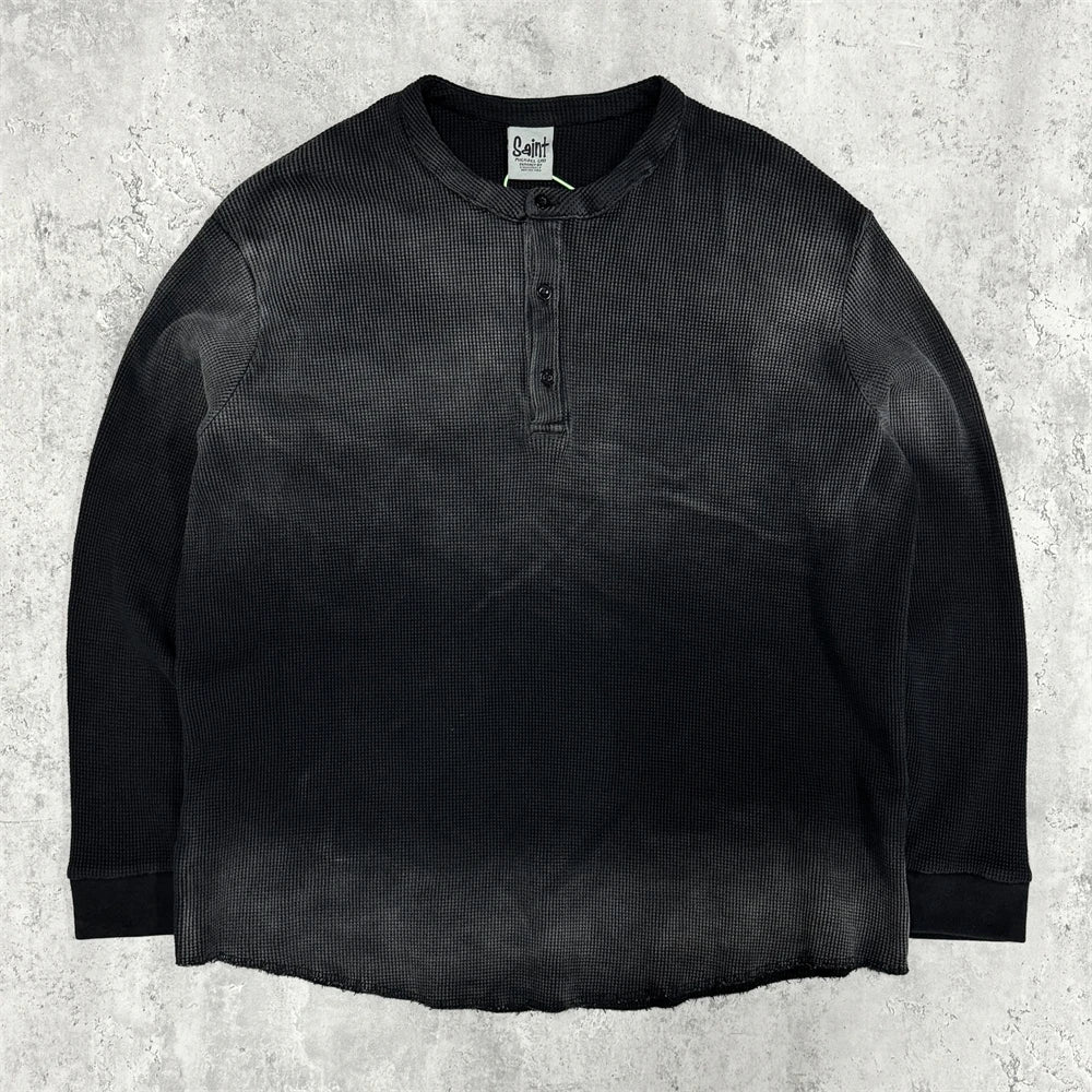 Saint Waffle Texture Fabric Saint Long Sleeved T Shirt Men Women High Quality Pure cotton T-shirt Top Tees