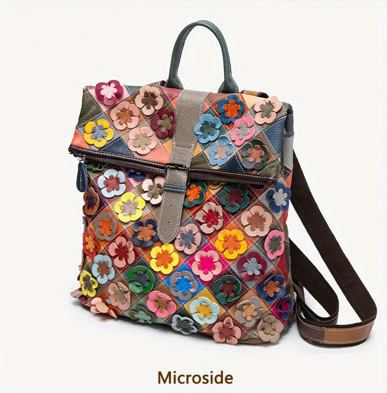 Handmade bag, three-dimensional floral romantic backpack, colorful patchwork retro backpack, luxurious travel experience