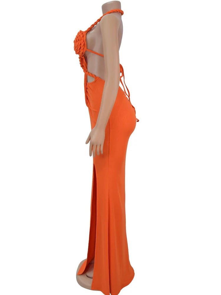 Bonnie Forest Gorgeous Cut-Out Ruched Bandage Long Dress For Women Chic Summer Halter Neck High Slit Party Dresses Beach Vestido