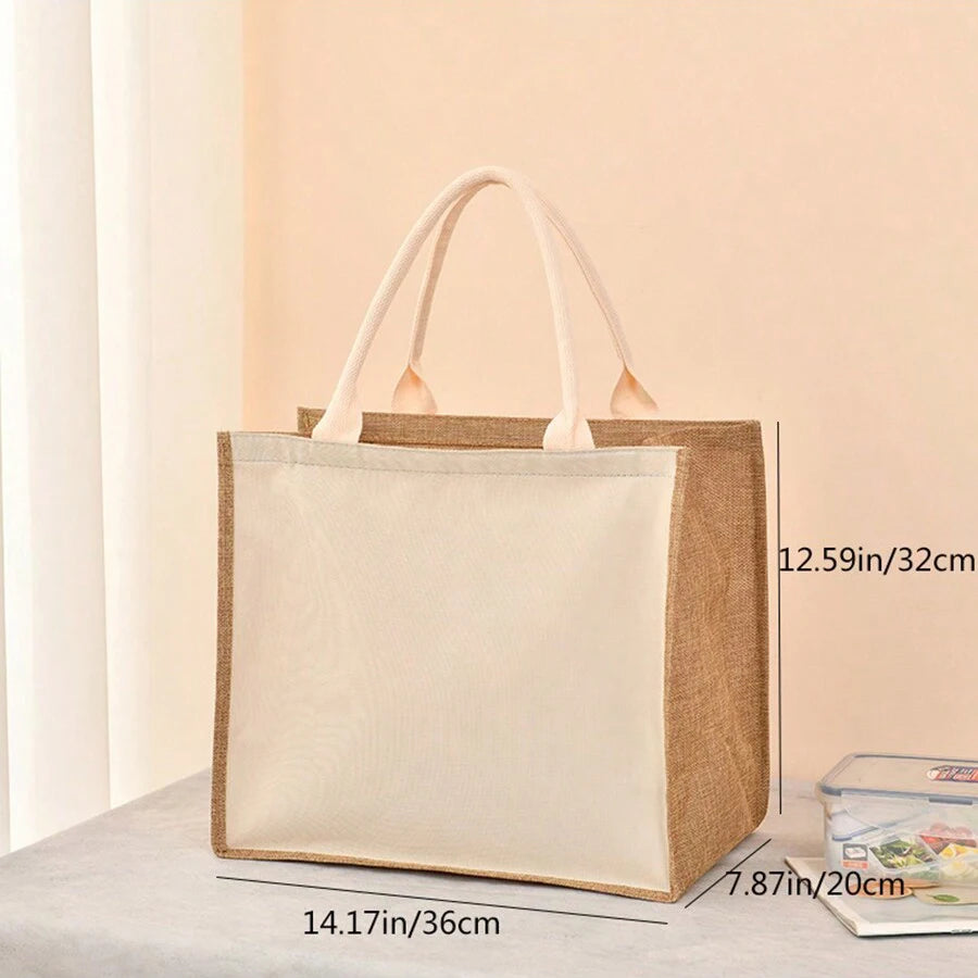 Simple solid color large capacity women's handbag reusable imitation linen zipper handbag commuting bag shopping bag