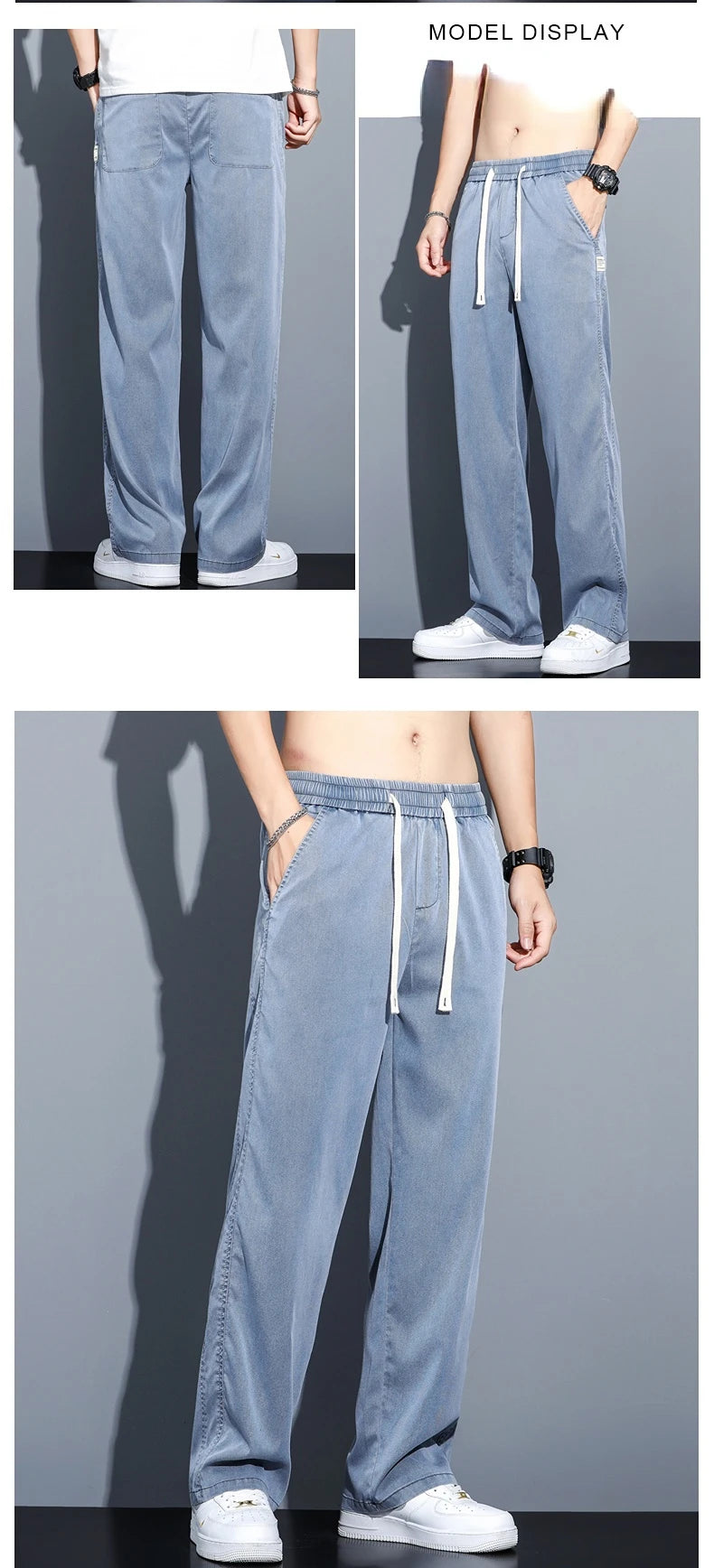 Summer Soft Lyocell Fabric Men's Jeans Thin Loose Straight Pants Drawstring Elastic Waist Korea Casual Trousers Plus Size