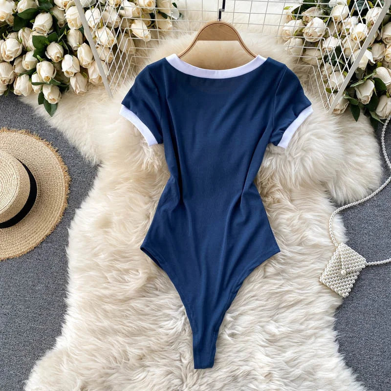 Foamlina Short Sleeve Knitted Skinny Bodysuit Women Summer Fashion Color Block Letters Embroidery O-neck Slim Body Top Jumpsuit