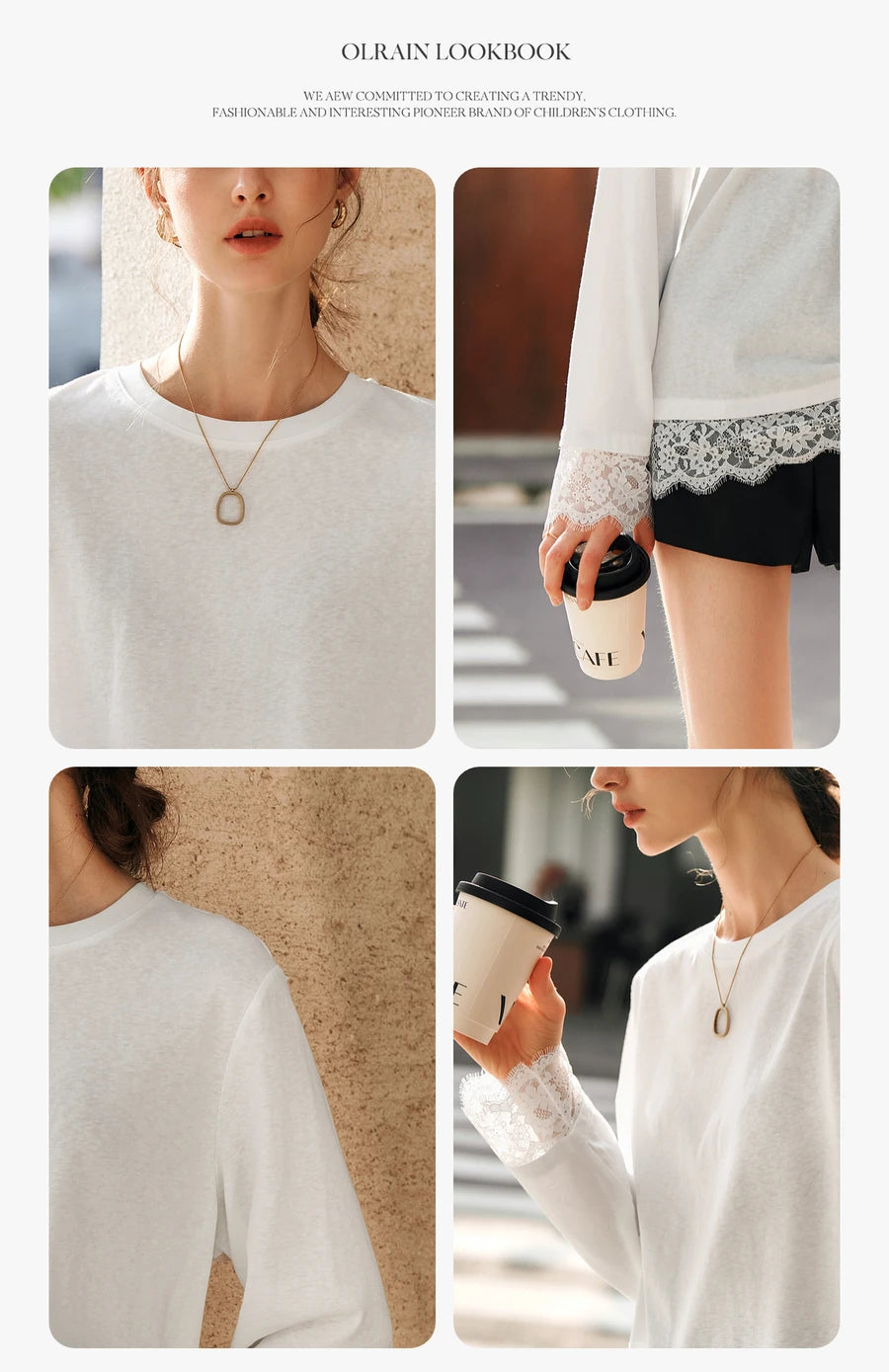 OLrain Cotton White T-shirt Women 2025 Autumn Casual Loose Tee Shirt Crewneck Lace Long Sleeve Tops Woman Clothing N57CT95669