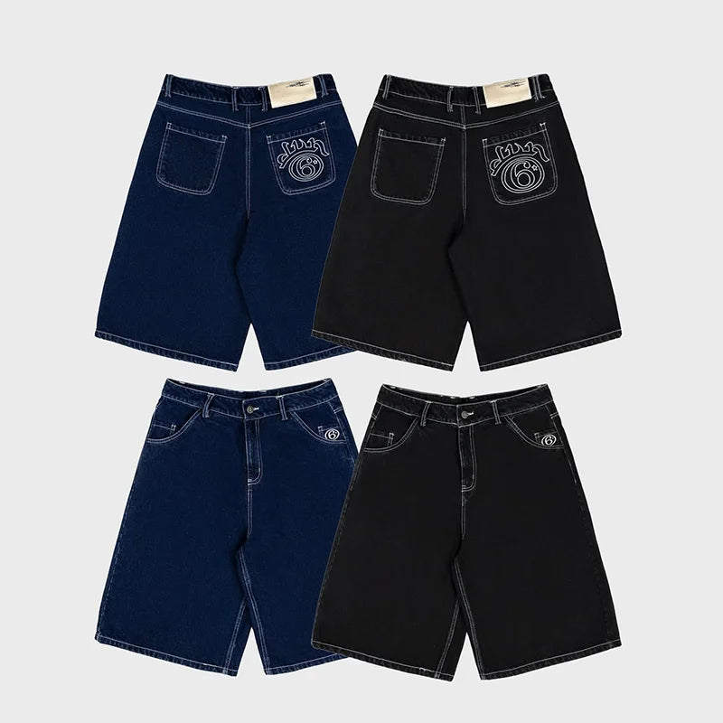 Y2K Fashion Retro Jeans High Quality White Embroidery Logo Casual Loose Denim Shorts Men Women Punk Rock High Waist Streetwear
