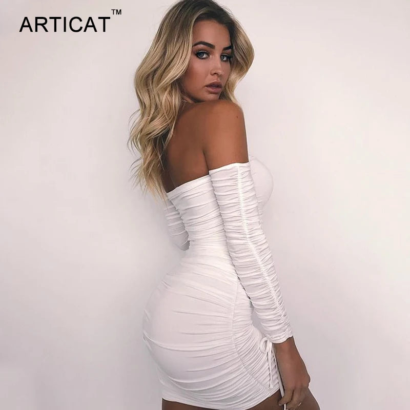 Articat – robe à bandes pour femmes, Sexy, épaules dénudées, manches longues, Slim, élastique, moulante, robes de soirée, automne hiver, 2022