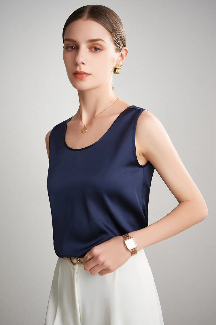 SuyaDream. Débardeur basique confortable pour femmes, 100% soie véritable, t-shirt Chic sans manches à col rond, gilets d'été solides 2025, blanc, rose, Beige