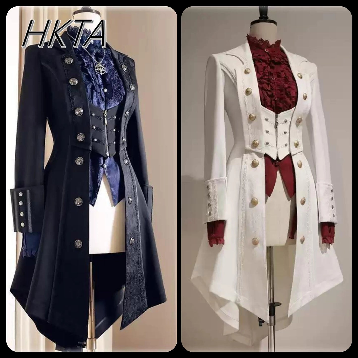 British Style Retro Dark Goth Handsome Black Trench Coat Women Girls Lolita Fake Two Vest White Coats Jacket Y2k Cosplay Clothes