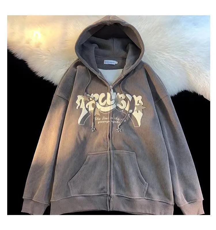 Y2k Zip Up Hoodie Women Spring Retro Embroidered Letter Loose Long Sleeve Tops 2025 Casual Hooded Sweatshirts Harajuku Jackets