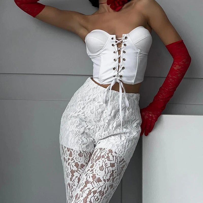 Women's Sexy Hot Girl High Waisted Wide Leg Pants Elastic Waist Lace Spliced Hollow Straight Pants