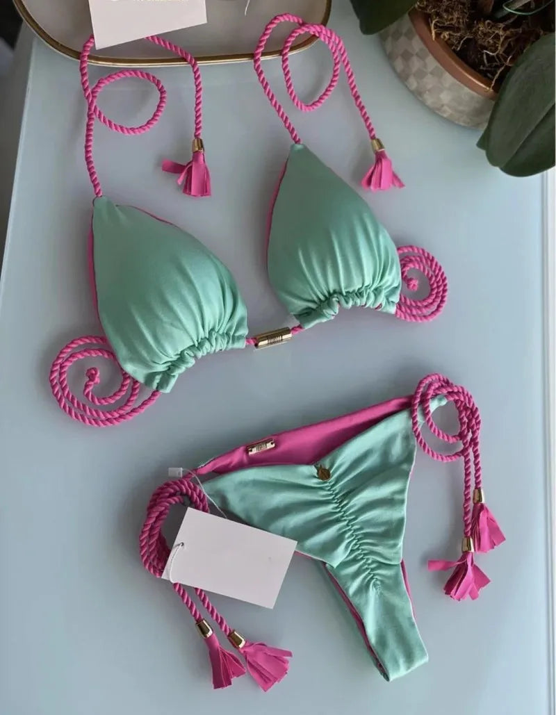Women Bikini Rope Triangle Swimsuit Multicolor Sexy Low Waisted Bikini Set Swimsuit Swimwear Women BeachwearBrazilian biquini