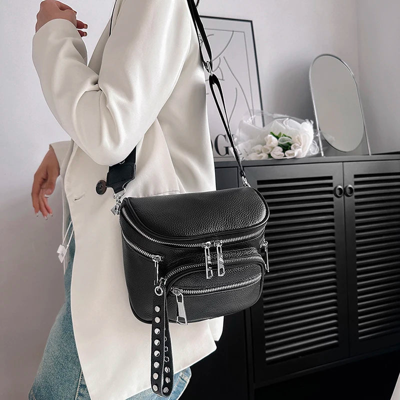 High Quality 100%Natural Cowskin Female Shoulder Crossbody Tote Genuine Leather Saddle Bags For Women Casual Wide Strap Handbags