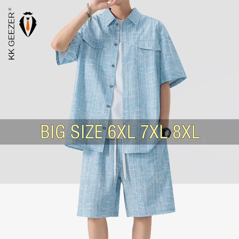 Men Shirt Suit Short Sleeve Shorts Set Summer Oversize 6XL 7XL 8XL Plus Size Casual Plaid Streetwear Loose Pocket High Quality
