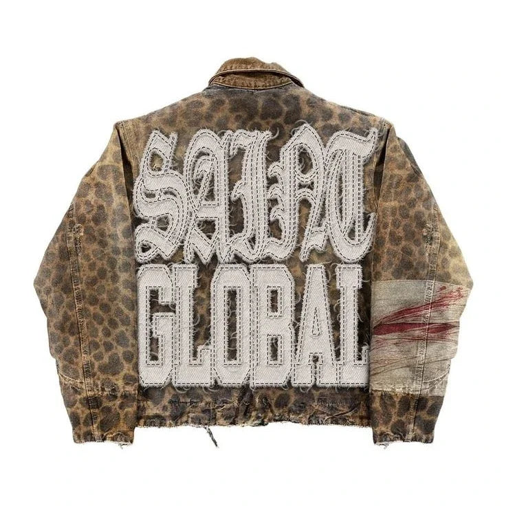 Gothic Retro Leopard Print Pattern Mens Clothes Y2k Two Piece Set Zipper Jacket Ripped Jeans Tracksuit Men Patchwork Streetwear