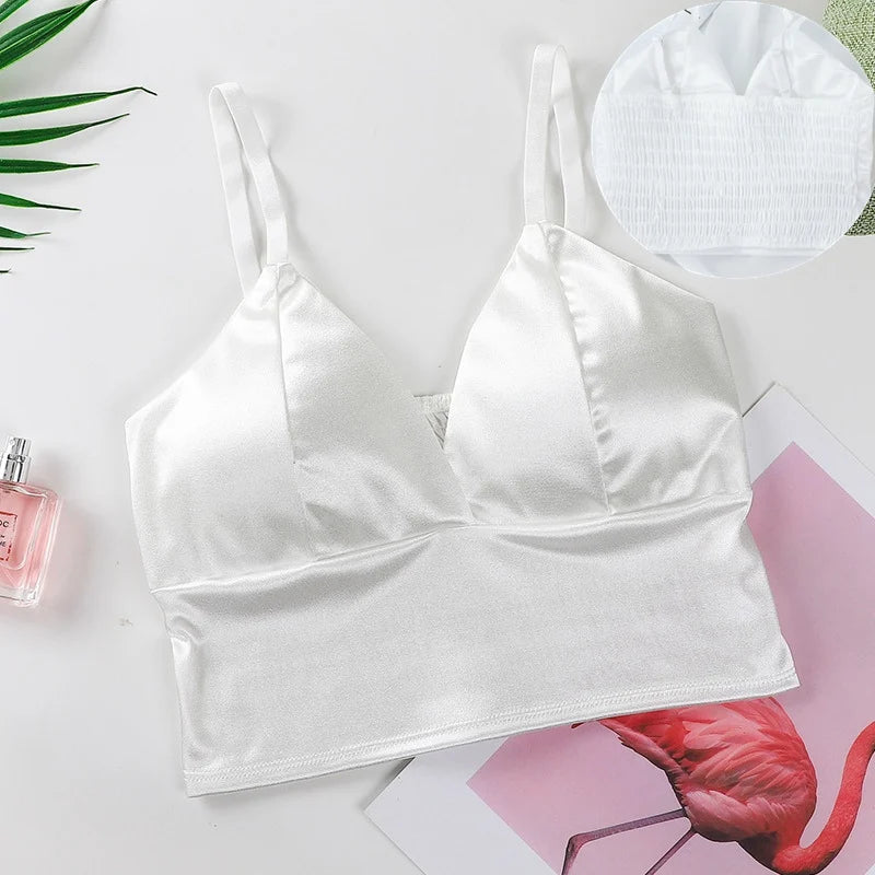 Haut court en satin sexy pour femme, bralette sans fil, bretelles spaghetti, t-shirt court avec poitrine, caraco rembourré