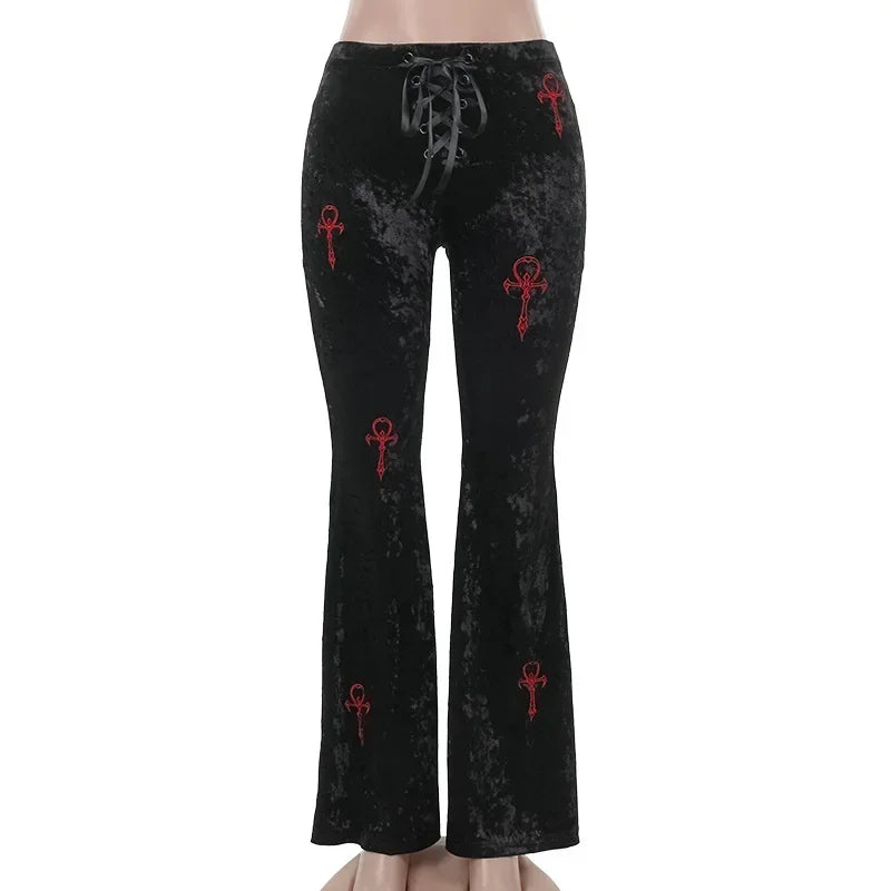 Harajuku Fashion Cross Embroidery Soft Long Pant Velvet High Waist Flare Pants Women Autumn Mall Gothic Slim Trousers