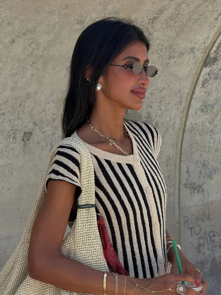 Chic Striped Knitted Button Set Women Elegant Round Neck Short Sleeved Slim Fit Two-piece Suit 2025 New Summer Holiday Outfits