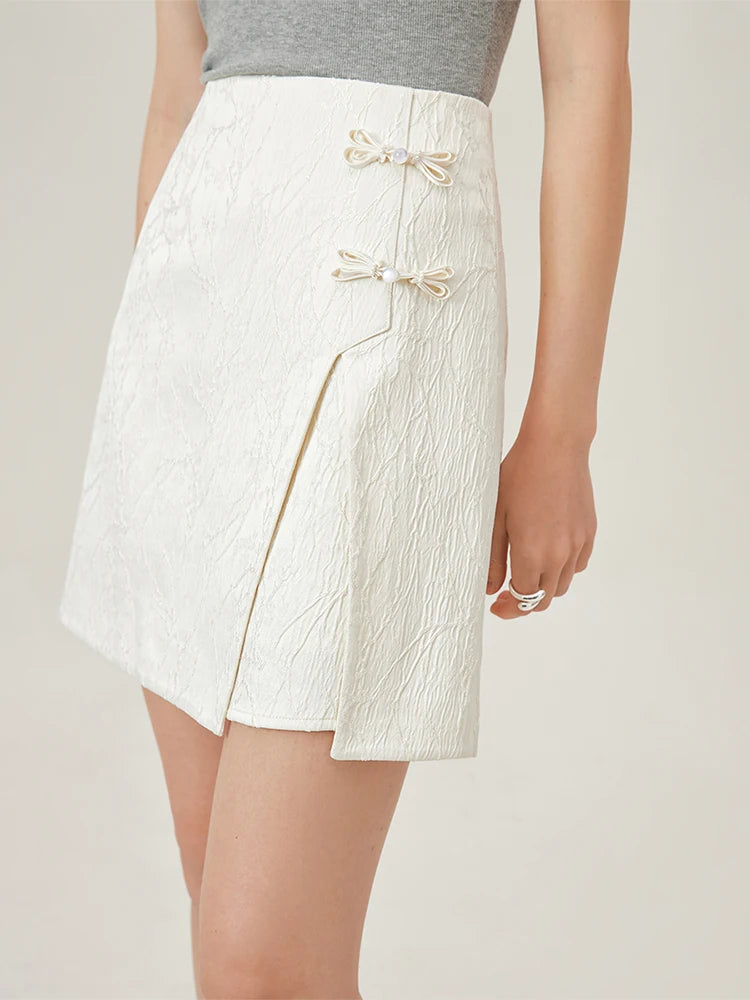 FSLE Beige Mini Skirts New Chinese Style Asymmetric Jacquard Short Skirt Summer Women Black A-LINE Skirts 24FS12897