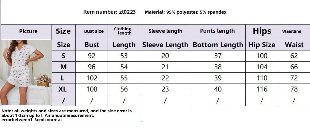 Sexy Pajamas Women V-Neck Lace Cherry Print Short-Sleeved Shorts Striped Fancy Sleepwear 2 Piece Set Home Wear Student Nightwear