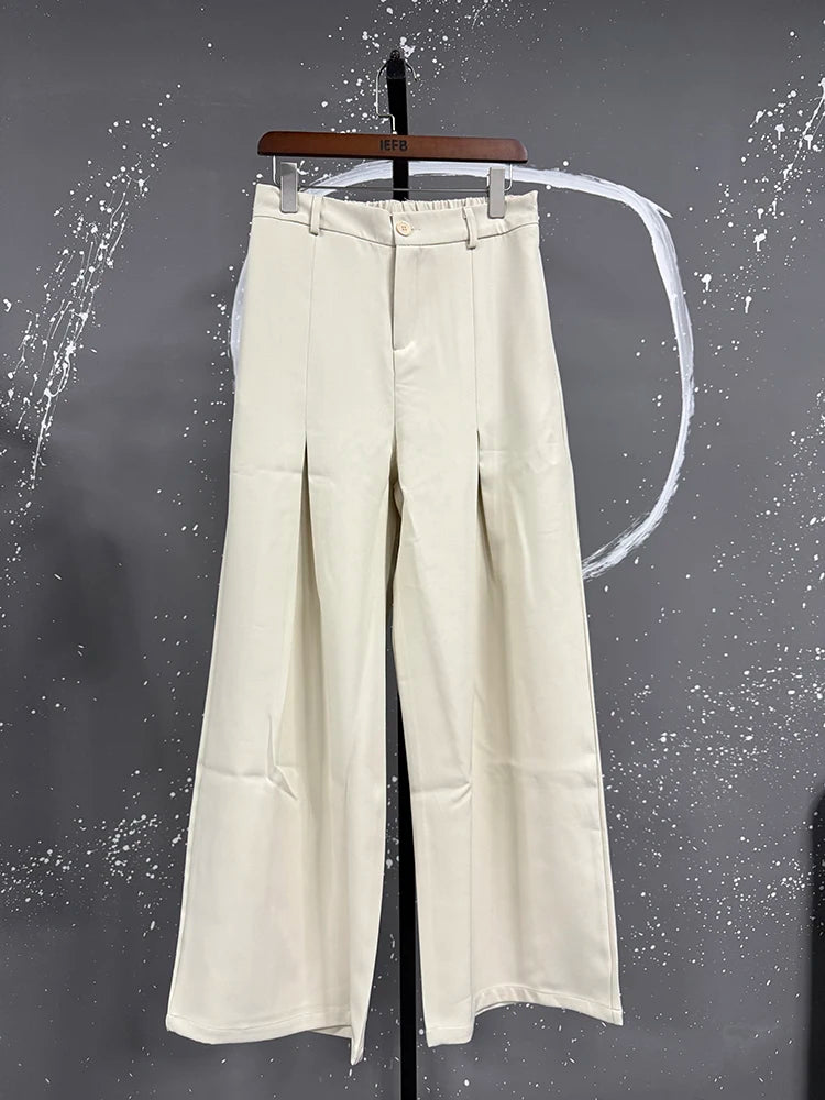 IEFB Pleated Design Men's Suit Pants Casual Solid Color American Style Bottom Drape Straight Wide Leg Male Trousers Simple 9W717