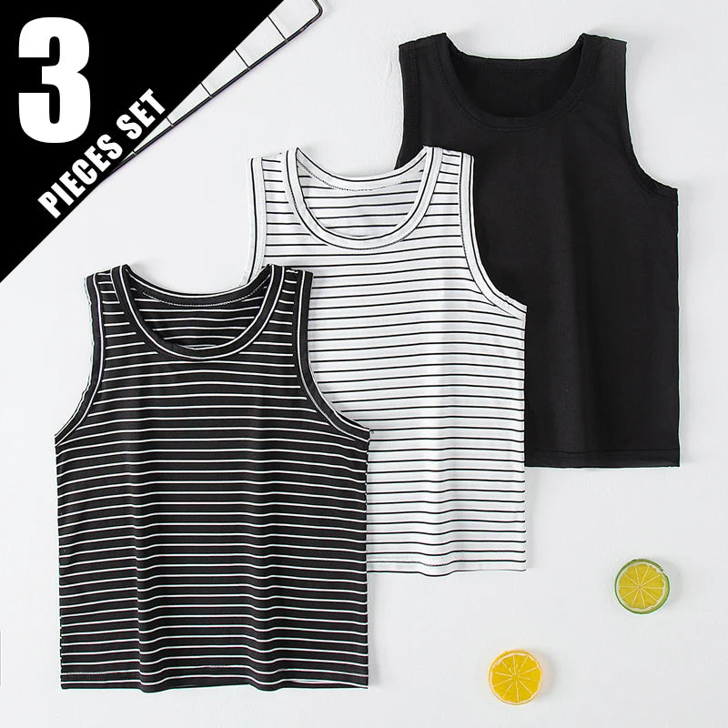 2-Pcs Children's Four Seasons Black And White Striped Vest Boy Leisure Sports Running Top Girl Basic Joker Fashion Bottoming Shi