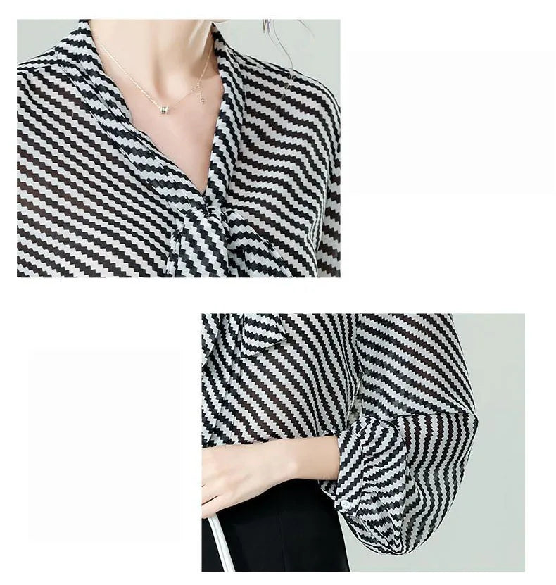 Spring Summer Women Chiffon Shirt Stripe Loose Long Sleeve Bow Office Fashion Urban Cardigan Elegant Women's Blouses 2022 5XL