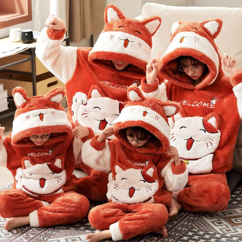 Winter Thicken Family Parent-Child Outfits Pijamas Sets Women Men Anime Sleepwear Adult  Pyjamas Korean Hoodie Suits