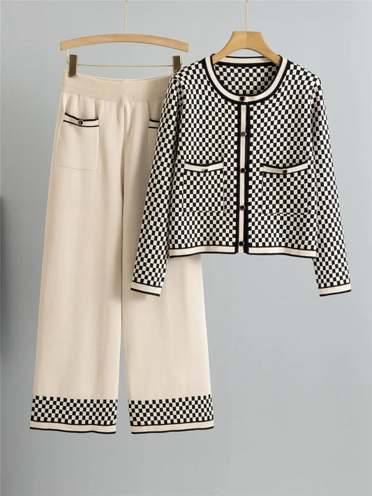 Plaid Design Knitted 2 Piece Sets Women Single Breasted Knit Sweater Cardigan Tops Conjuntos High Waist Wide Leg Pants Outfit