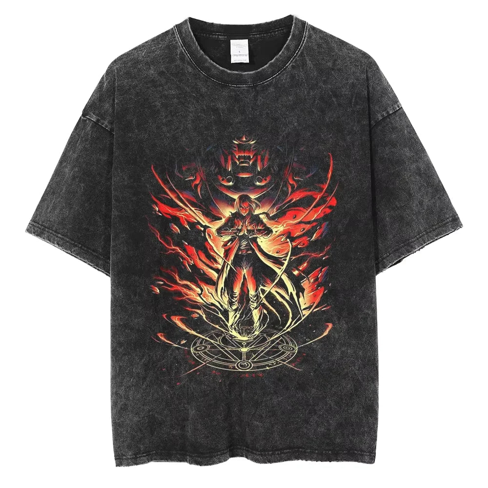 Anime Hellsing Alucard Graphic T Shirt Men Vintage Washed Manga T-shirts Short Sleeve Street Harajuku Casual Cotton Male Tops