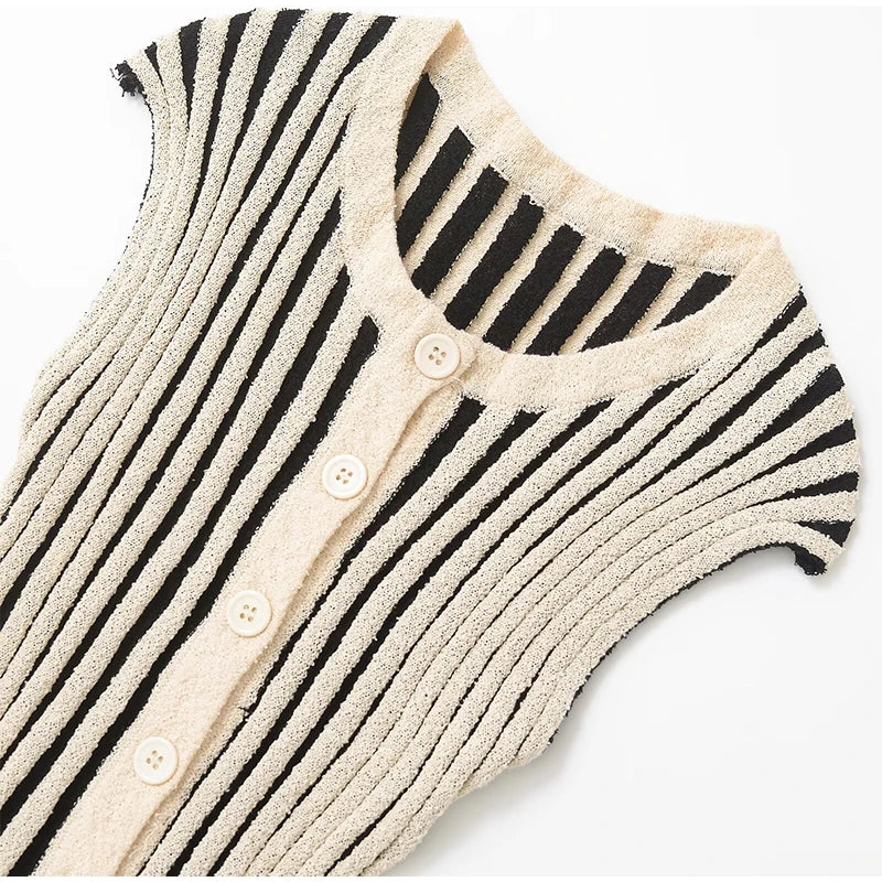 Chic Striped Knitted Button Set Women Elegant Round Neck Short Sleeved Slim Fit Two-piece Suit 2025 New Summer Holiday Outfits