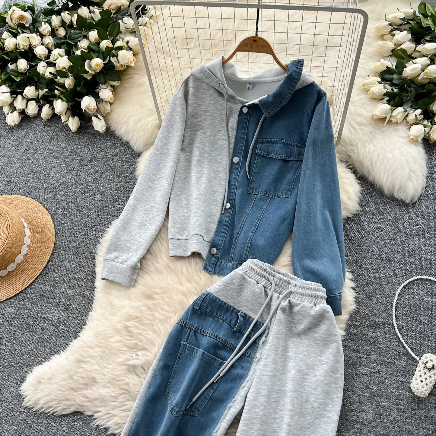 Pant Set Women Two Piece Sets Hooded Matching Sets Casual Loose Tops Wide Leg Long Pants Elastic Waist Lace Up Splice Denim 2025