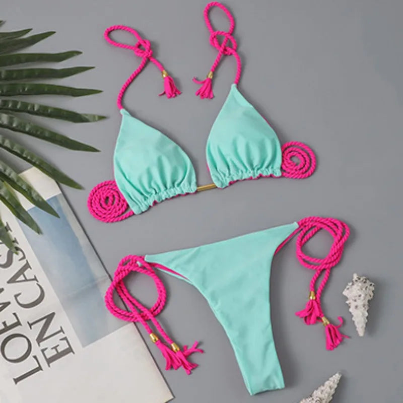 Women Bikini Rope Triangle Swimsuit Multicolor Sexy Low Waisted Bikini Set Swimsuit Swimwear Women BeachwearBrazilian biquini