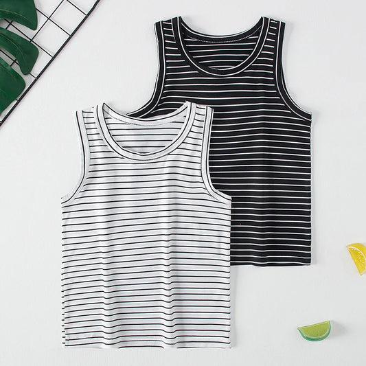 2-Pcs Children's Four Seasons Black And White Striped Vest Boy Leisure Sports Running Top Girl Basic Joker Fashion Bottoming Shi