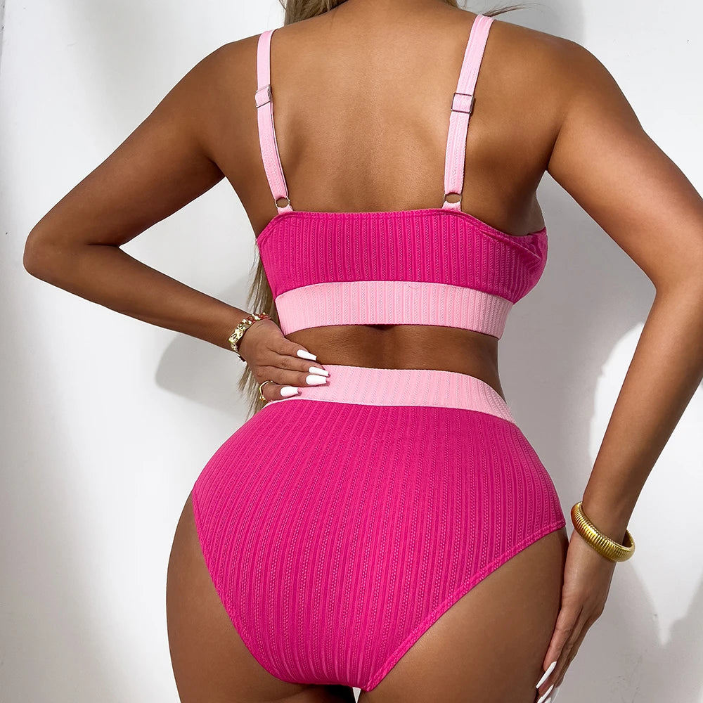 Strappy Bikinis 2025 Women High Waist Swimwear Female Sexy Swimsuit Solid Bathers Bathing Swimming Swim Suit Beachwear Summer