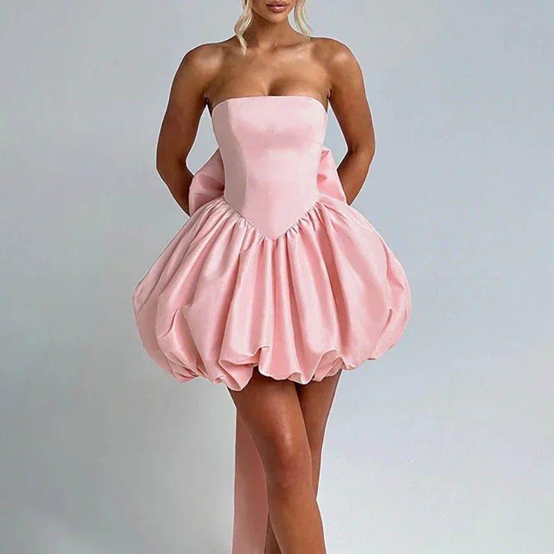 Women Evening Hollow Out Backless Solid Mini Party Dress Summer Ladies Sexy Bow Slim High Waist Holiday Temperament Dress 2025