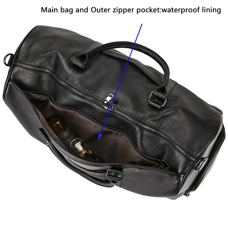 Sac de voyage en cuir véritable de grande capacité pour hommes et femmes, en cuir de vache noir souple, polochon de voyage décontracté, grand sac à bandoulière pour week-end