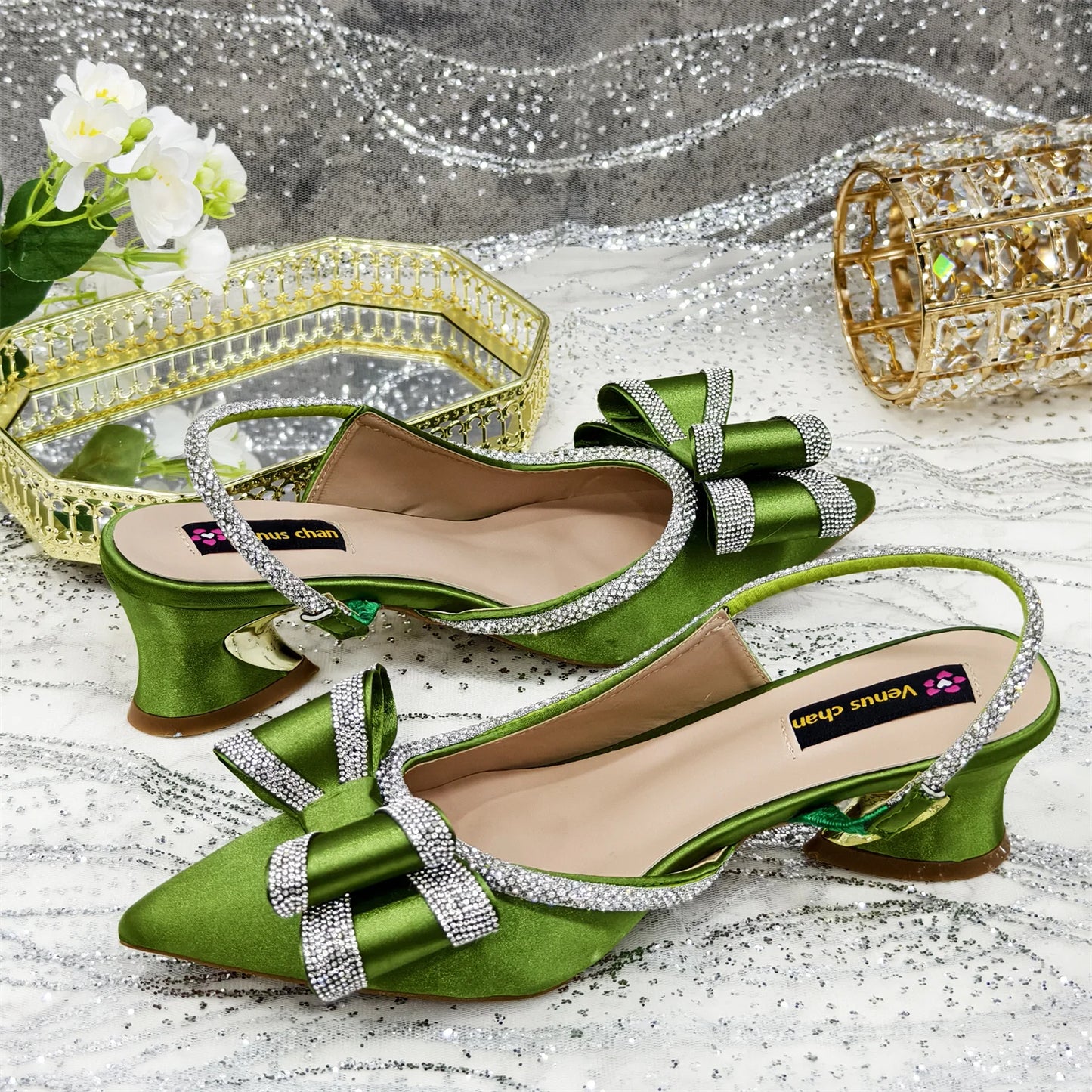 Venus Chan Italy Design 2025 New INS Shoes and Bag to Match Wine Colour Pointed-Toe Rhinestone Bow Party Women's High Heels