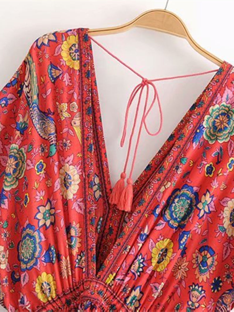 Robe Maxi Vintage Chic pour Femme, Imprimé Floral Paon, Manches Chauve-Souris, Bohème, Col en V, Pompon, Plage, Été