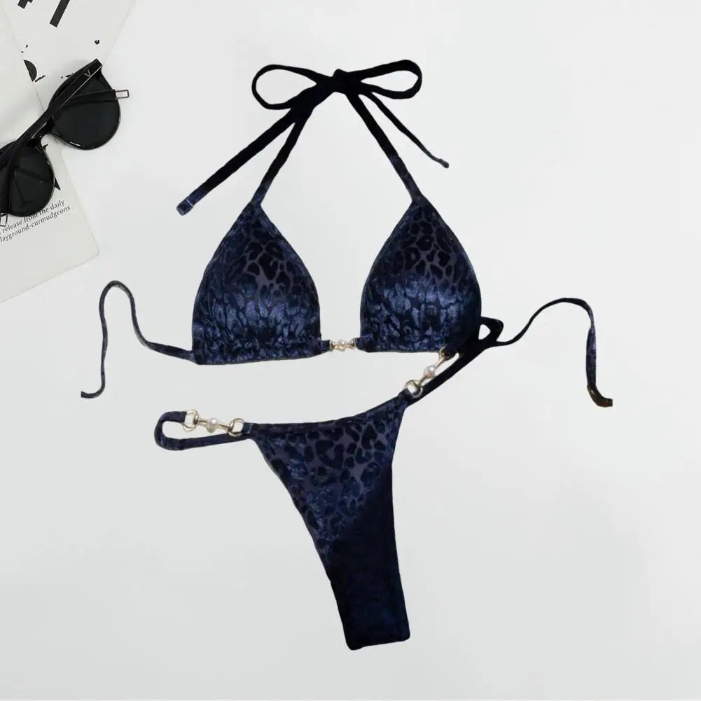 2Pcs/Set Women Bikini Set Leopard Print Halter Bra Faux Pearls Briefs Set Quick Drying Two-piece Lady Swimsuit Beachwear