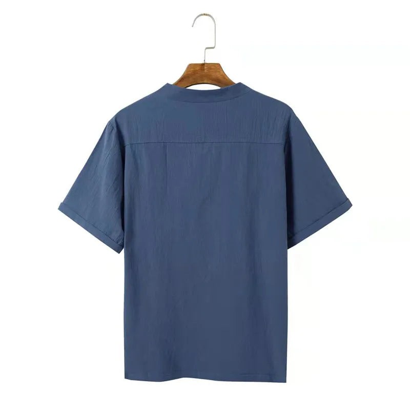 (Shirt + trousers) 2025 summer men shirt Cotton and linen shirts elastic waist Short sleeve casual men's shirts men size M-5XL